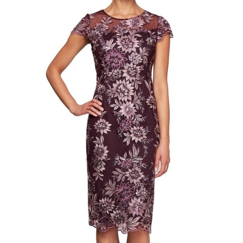 Alex Evenings Plum Lace Floral Midi Dress